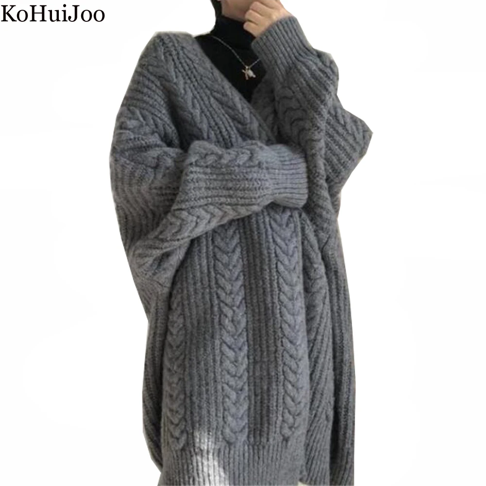 

KoHuiJoo Autumn Korean Ladies Long Cardigan Women Lazy Style Batwing Sleeve Warm Loose Sweater Knitting Oversized Cardigans