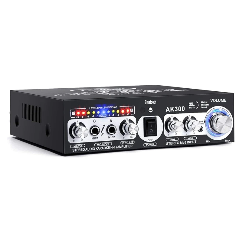 AK300 200W+200W Audio Power Amplifier, 2 Mic Input Bluetooth 5.0 Hi-Fi Stereo Karaoke Digital Audio Receiver(EU Plug)
AK300 200W+200W Audio Power Amplifier, 2 Mic Input Bluetooth 5.0 Hi-Fi Stereo Karaoke Digital Audio Receiver(EU Plug)