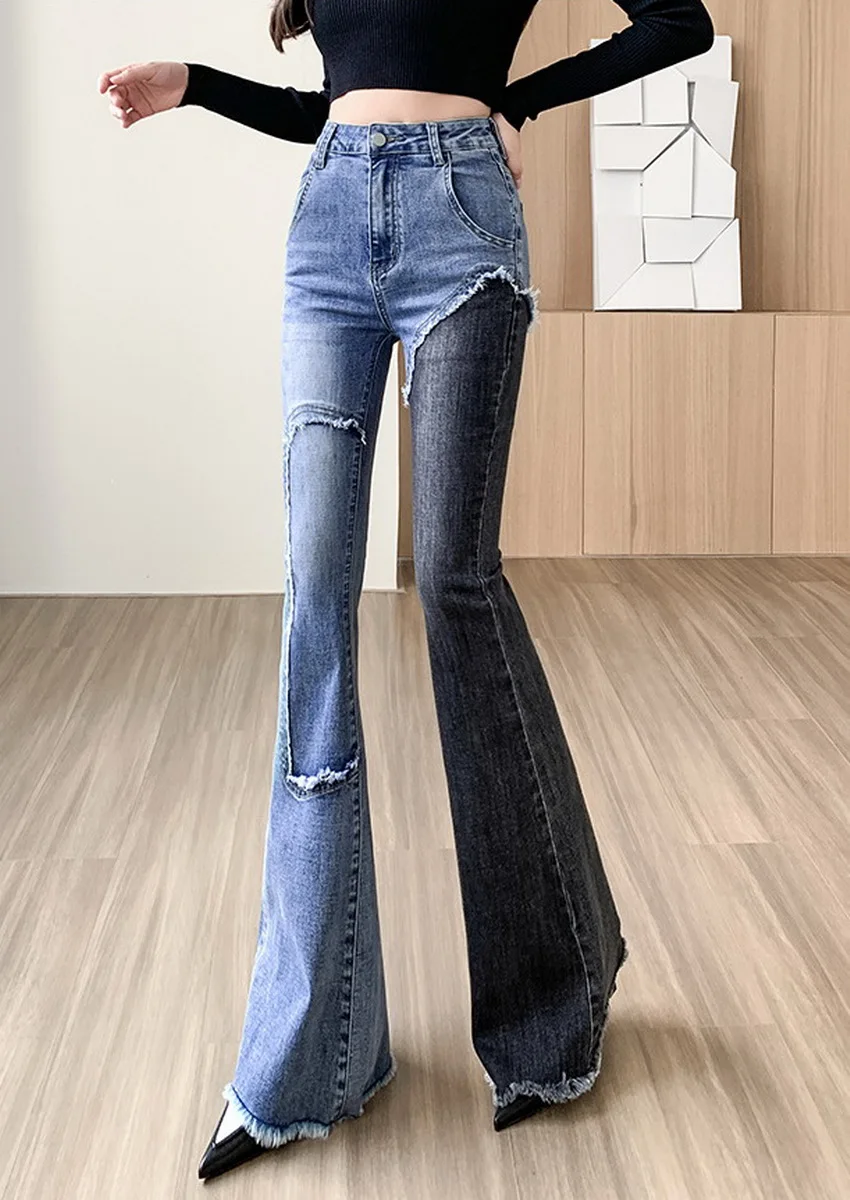 

26-31 Fried street Flare jeans Contrast color wide-leg Full Length streetwear burrs trousers high-waisted denim pants patch