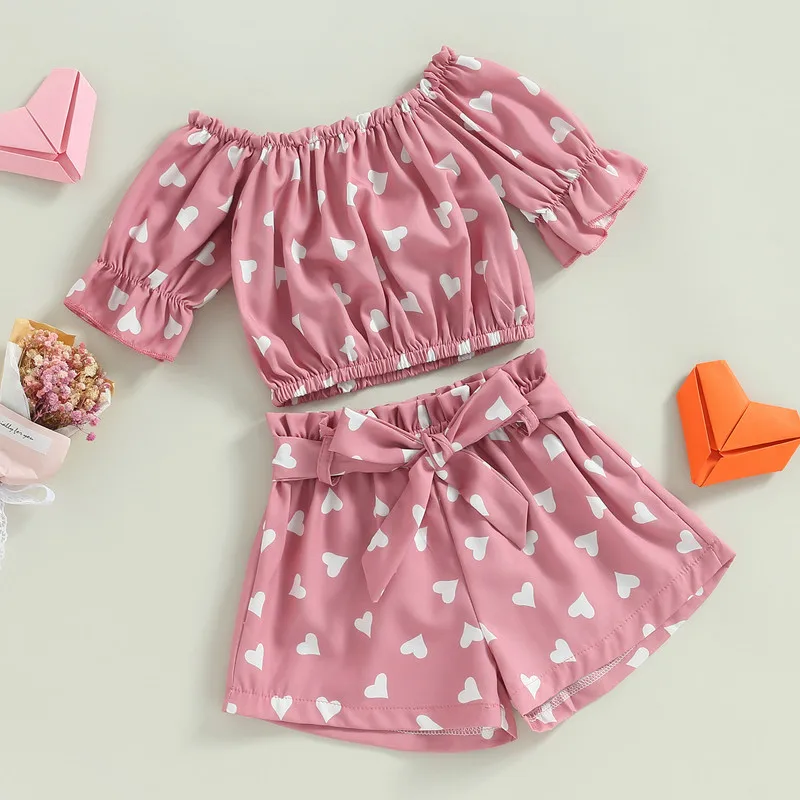 Toddler Children Girls Clothes Short Sets 2023 Summer Outfit Sets Short Sleeve Off Shoulder Tops Heart Shorts with Belt
Toddler Children Girls Clothes Short Sets 2023 Summer Outfit Sets Short Sleeve Off Shoulder Tops Heart Shorts with Belt