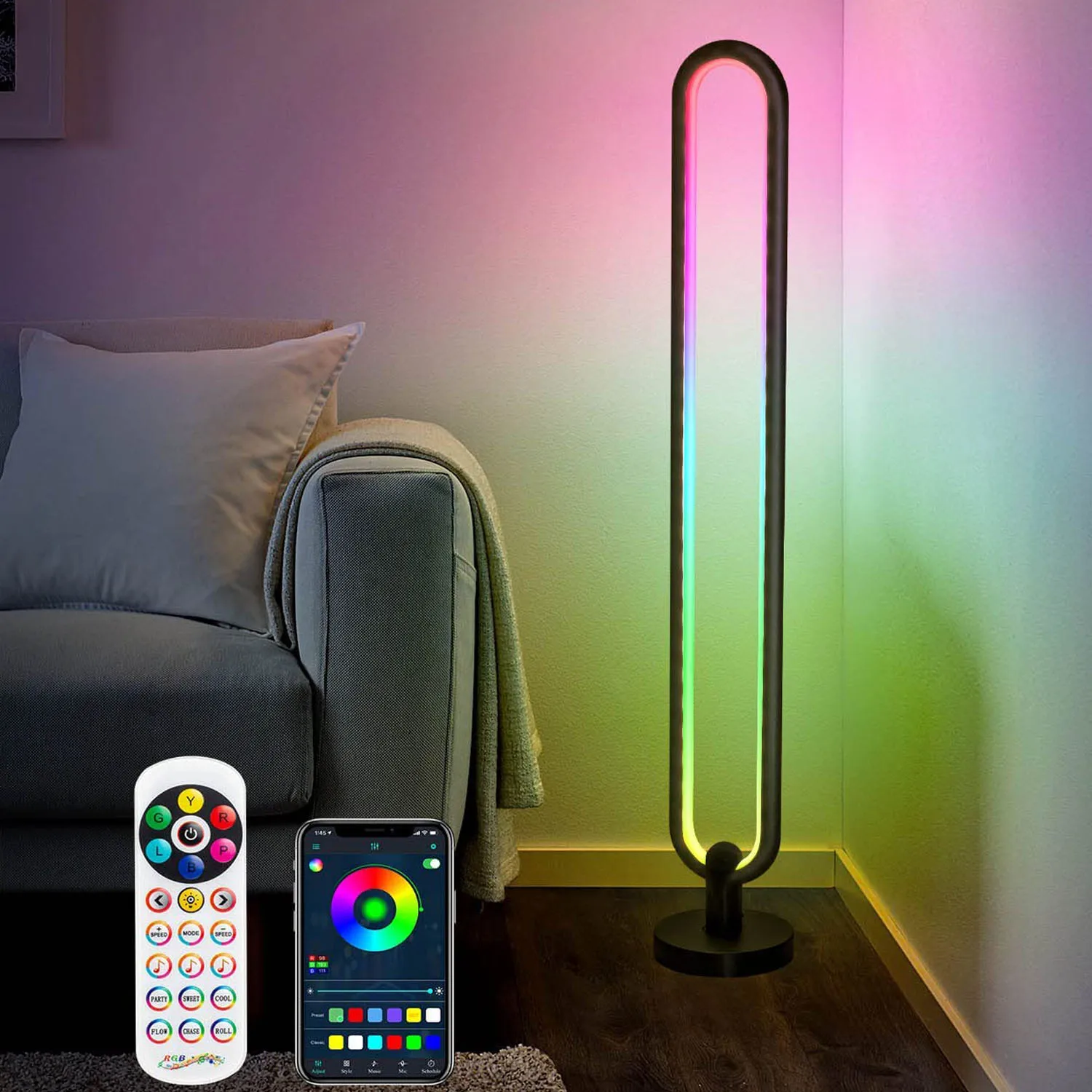 

Современная угловая Напольная Лампа с Bluetooth, светодиодный светильник RGB с регулируемой яркостью и изменением цвета, декоративное настроени...