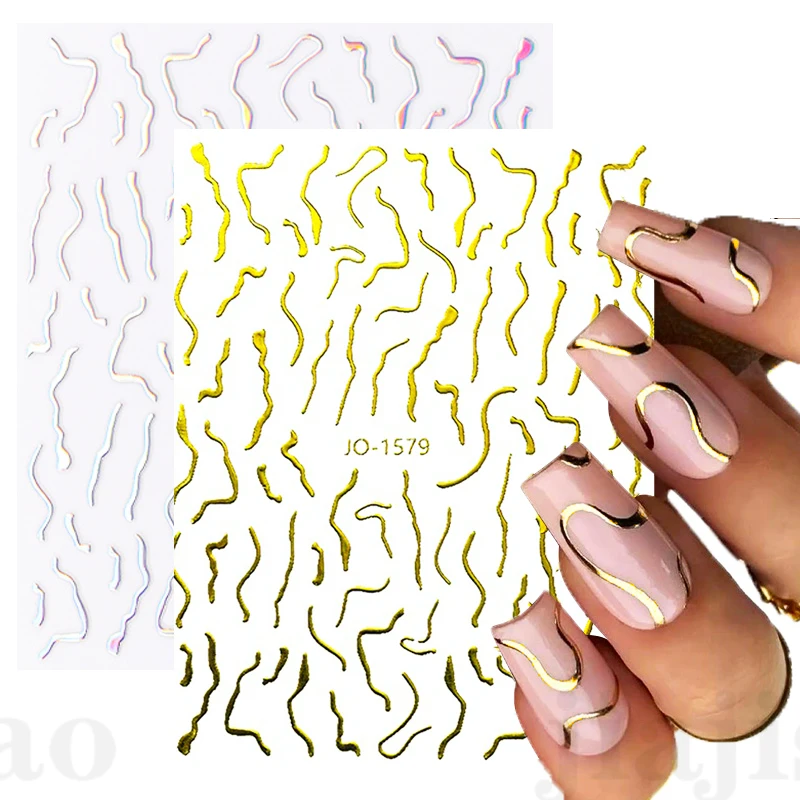 

3D Слайдеры для дизайна ногтей, линейки, наклейки для ногтей, золотистые, лазерные, серебристые листья, волнистые, полосатые, буквы, самоклеящ...