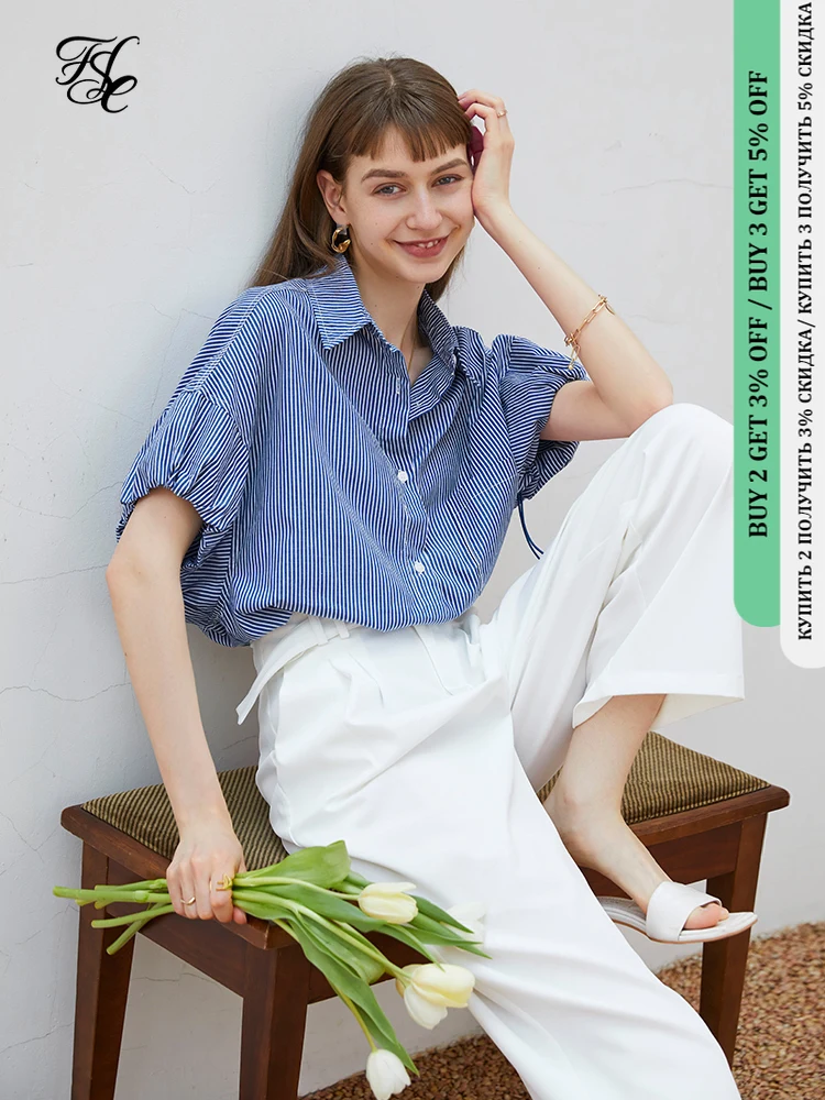 FSLE Office Lady 100% Cotton Blue White Striped Shirt Female Summer Thin Loose Niche French Short-sleeved Women Top
FSLE Office Lady 100% Cotton Blue White Striped Shirt Female Summer Thin Loose Niche French Short-sleeved Women Top