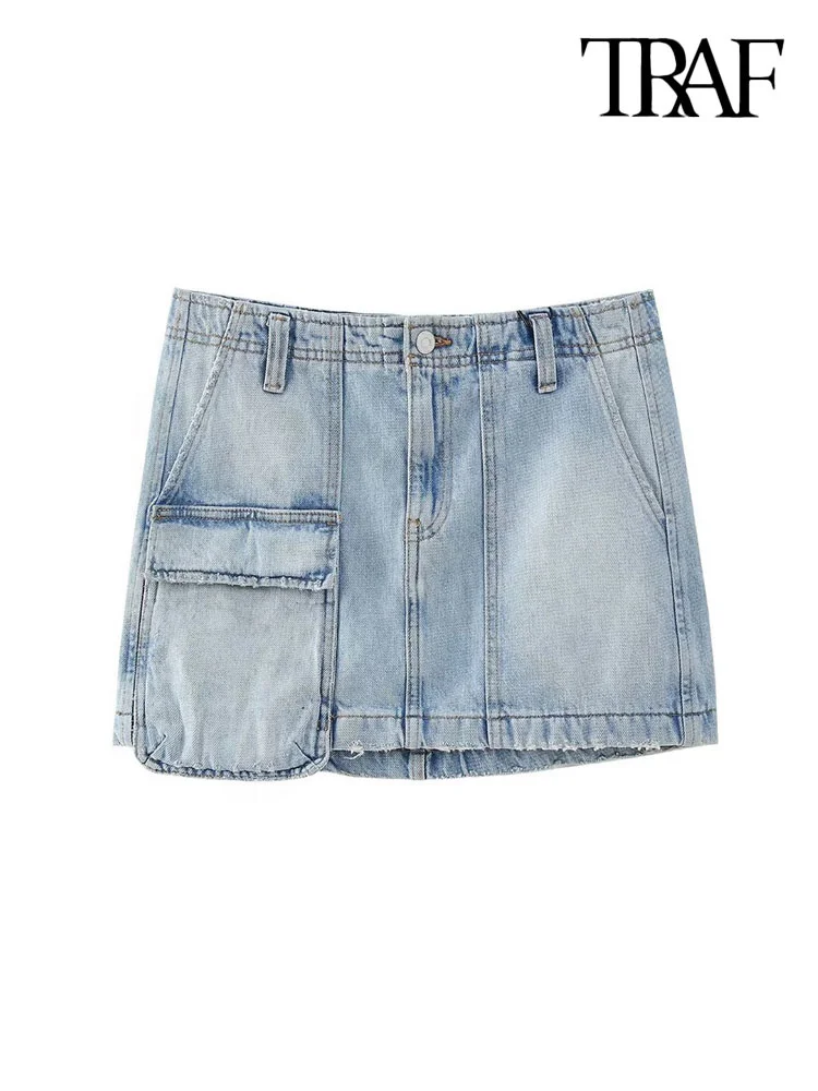 TRAF Women Fashion Patch Pockets Denim Mini Skirt Vintage Mid Waist Zipper Fly Female Skirts Mujer
TRAF Women Fashion Patch Pockets Denim Mini Skirt Vintage Mid Waist Zipper Fly Female Skirts Mujer