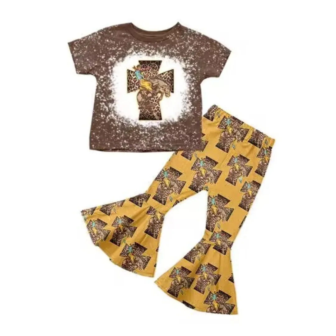 Easter cross print short-sleeved flared pants suit summer girl coffee color suit wholesale cute clothes
Easter cross print short-sleeved flared pants suit summer girl coffee color suit wholesale cute clothes