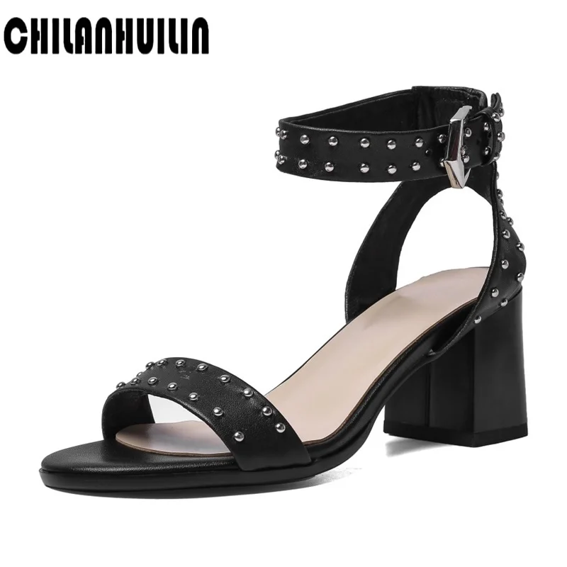 

classic designer genuine leather women sandals black brown shoes lady dress casual rome rivets shoes high heel gladiator sandals