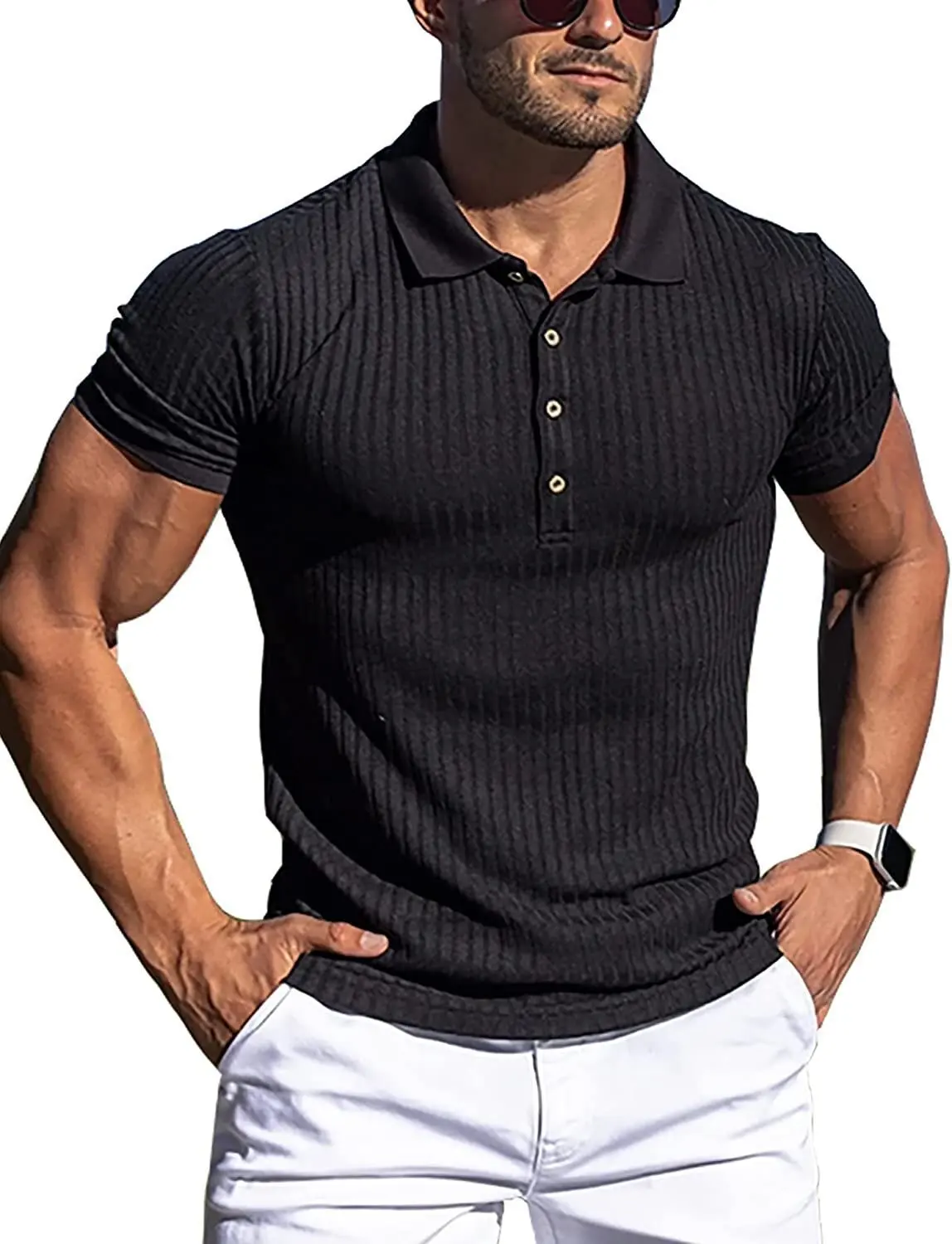 Men's running sports fitness wear summer high stretch vertical strip short sleeve polo shirt slim knit undershirt
Men's running sports fitness wear summer high stretch vertical strip short sleeve polo shirt slim knit undershirt