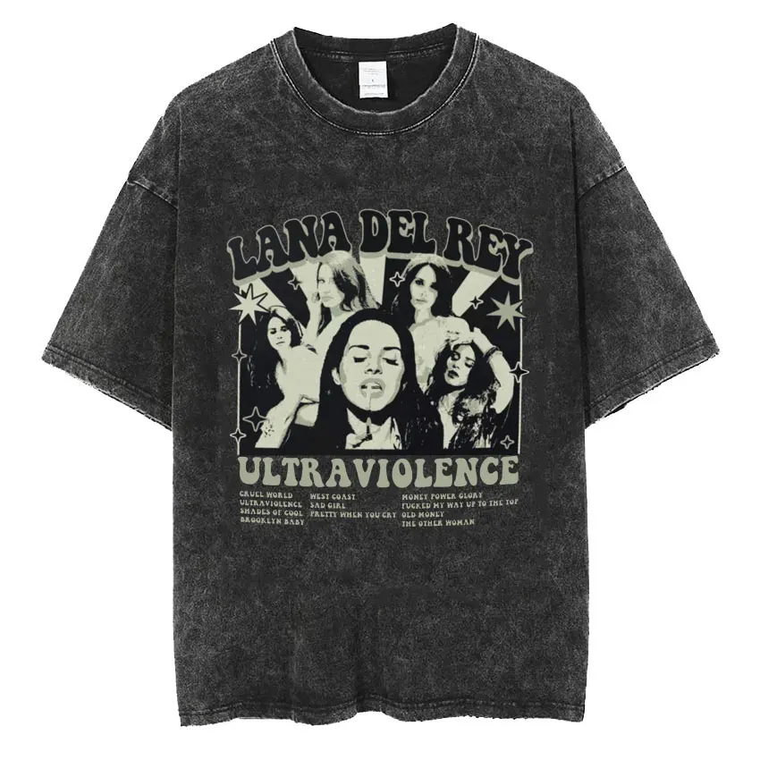 

Hip Hop Harajuku Singer Lana Del Rey The Eras Tour Vintage Washed T-Shirt Summer Streetwear Rinsing Black Gray T Shirt Male Tees