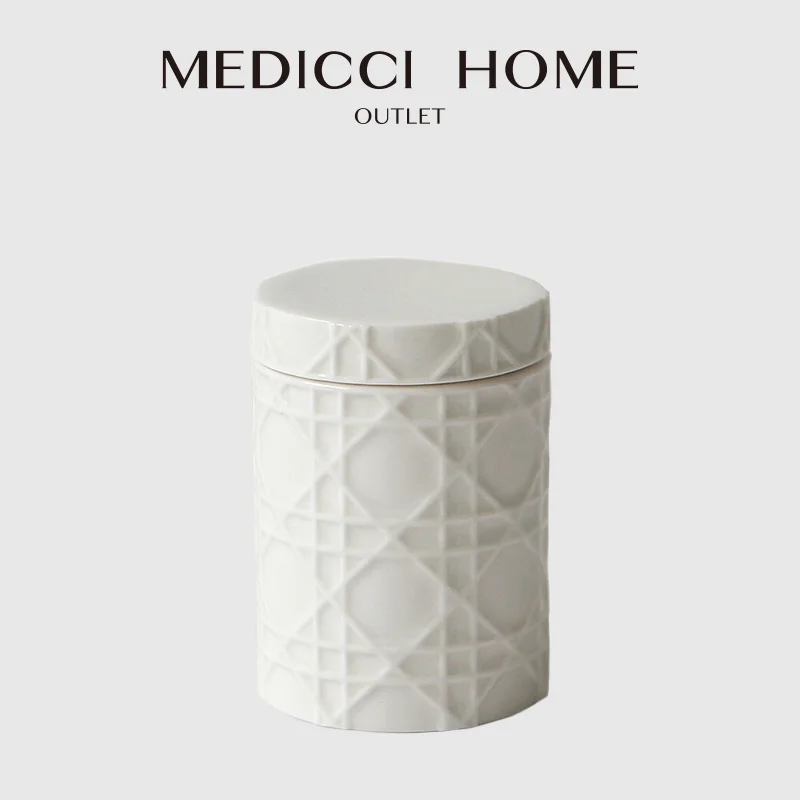 

Medicci Home CD Style Rattan Pattern Embossed Ceramic Jar Q-tip Holder Luxe Storage Canister For Bathroom Dressing Room Tabletop