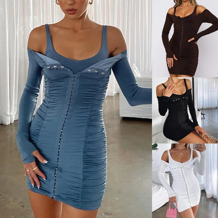 

wsevypo Off-Shoulder Suspender Bodycon Dress Party Club Evening Dress Women Long Sleeve Ruched Pleated Mini Sheath Dress Solid