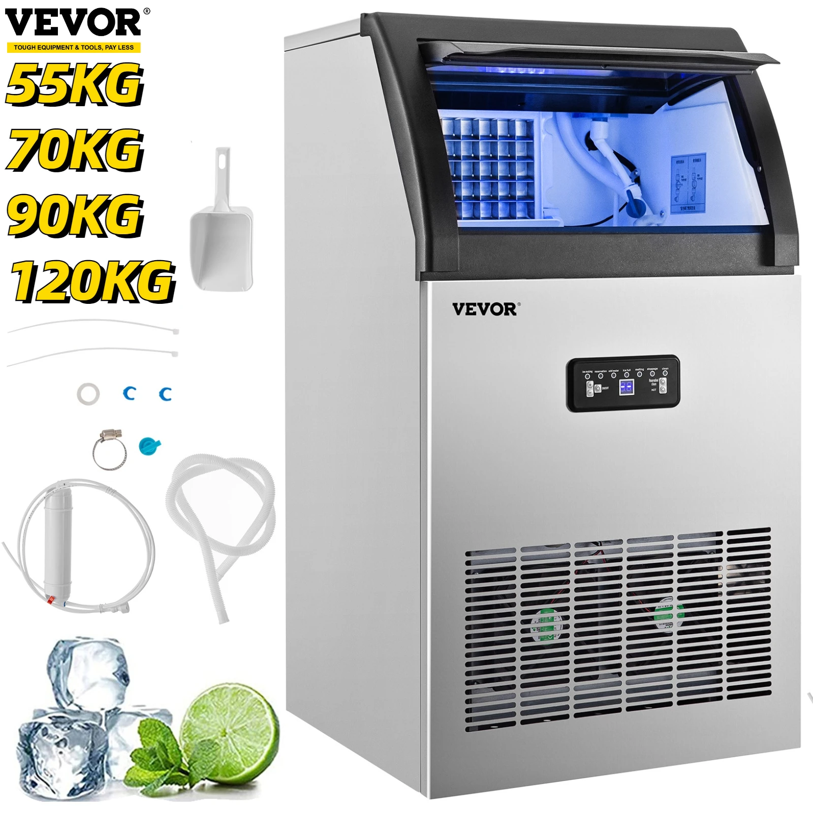 

VEVOR Commercial Cube Ice Maker 55/70/90/120 KG/24H Freestanding Automatic Liquid Freezer Ice Generator Machine Home Appliance