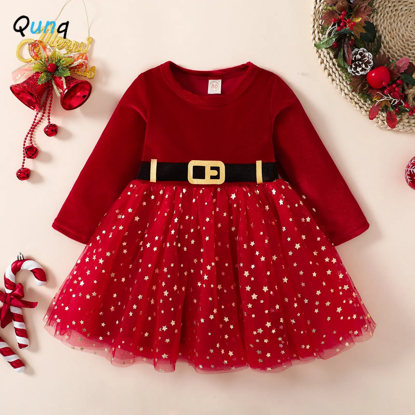 

Qunq Autumn Christmas Clothes Girls Velvet O Neck Long Sleeve Mesh Splicing Knee-Length Dress Casual Kids Clouthes Age 3T-8T