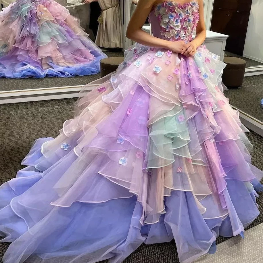 

Princess Rainbow Puffy Draped Tiered Tutu Wedding Dresses Pretty 3D Flower Long Prom Gowns Sweetheart Floral Party Dress
