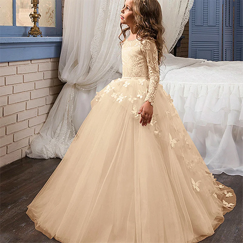 

Flower Girls Dress First Communion Dresses For Girls Scoop Backless Appliques Bows Tulle Ball Gown Pageant Dresses For Girls