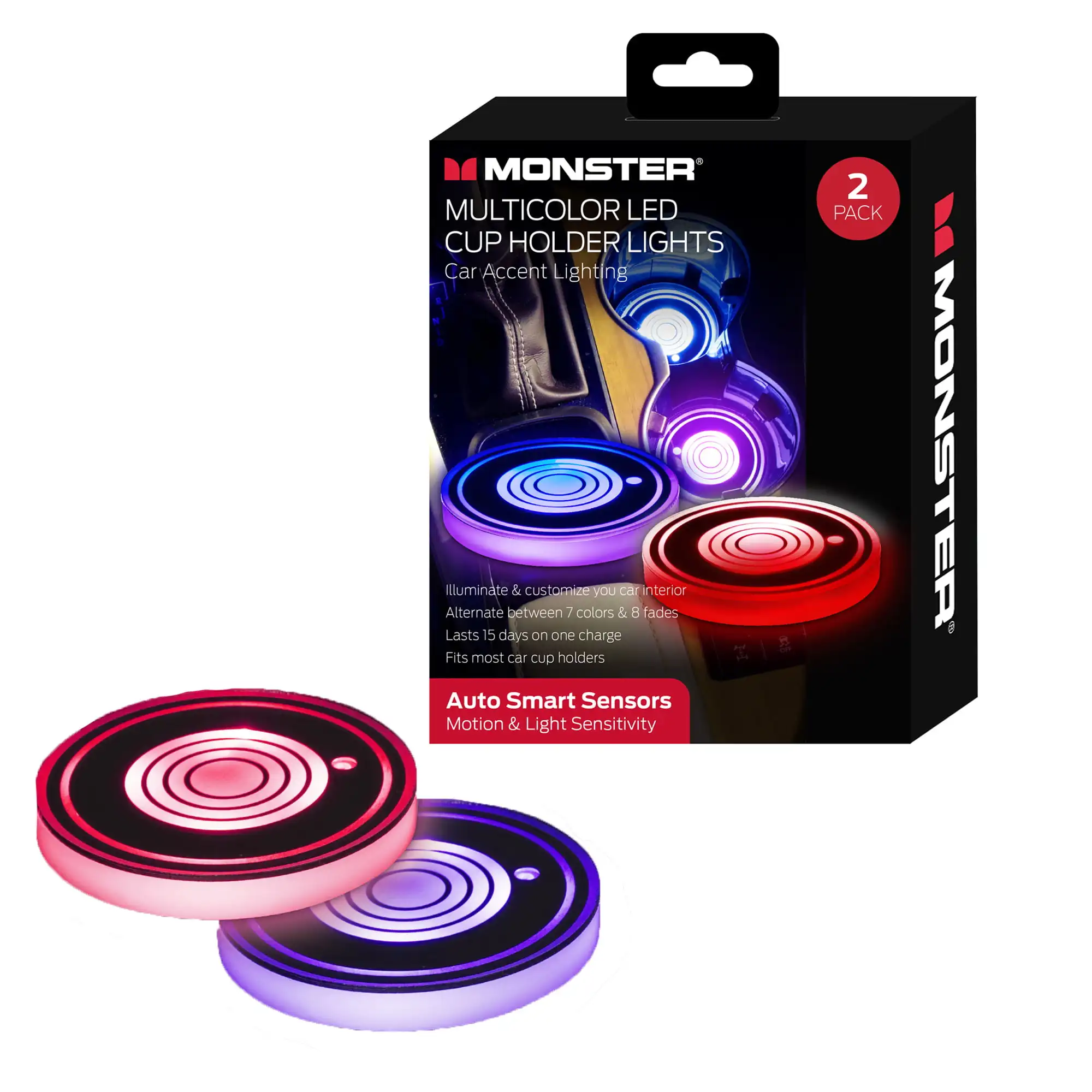 Monster LED Cup Holder Lights with Smart Sensor and Micro USB, Multi-Color, 2 Pack
Monster LED Cup Holder Lights with Smart Sensor and Micro USB, Multi-Color, 2 Pack