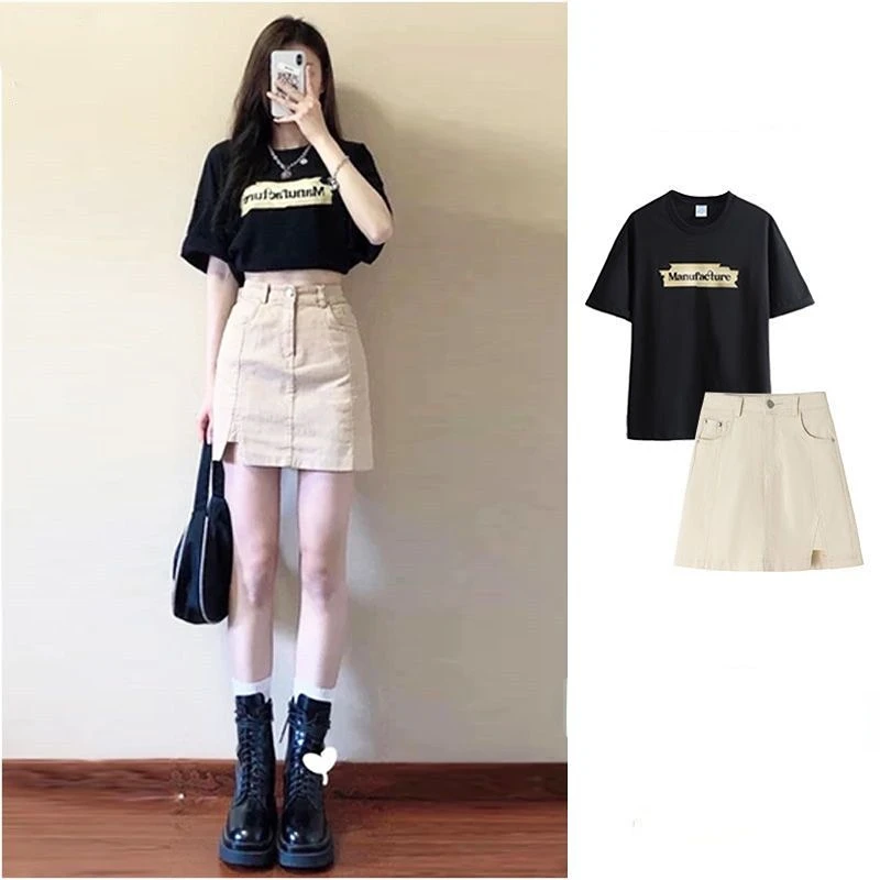 T-shirt Top + Short Denim Skirt Two-piece Suit Female Summer New Can Salt Can Sweet Cool Girl Small Subset 
T-shirt Top + Short Denim Skirt Two-piece Suit Female Summer New Can Salt Can Sweet Cool Girl Small Subset