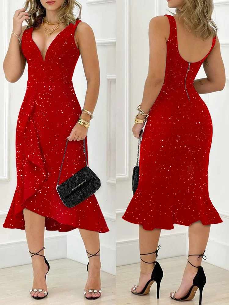 Женское платье с V-образным вырезом, элегантное облегающее блестящее платье миди без рукавов с оборками, весна-лето 2022
Женское платье с V-образным вырезом, элегантное облегающее блестящее платье миди без рукавов с оборками, весна-лето 2022