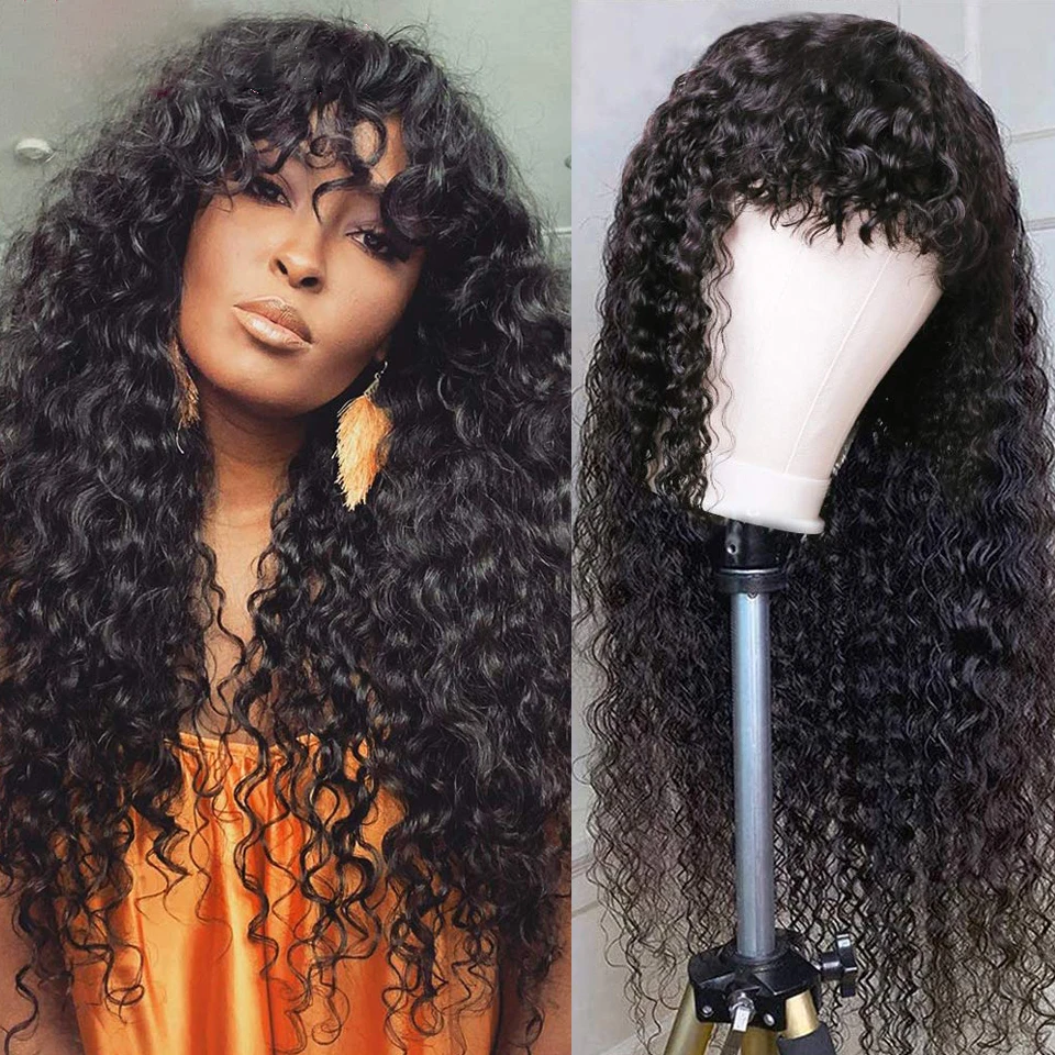 

Fringe Curly Human Hair Wig for Women Jerry Curl Wig with Bang 24 Inch Glueless Full Machine Made Wigs Perruque Cheveux Humain