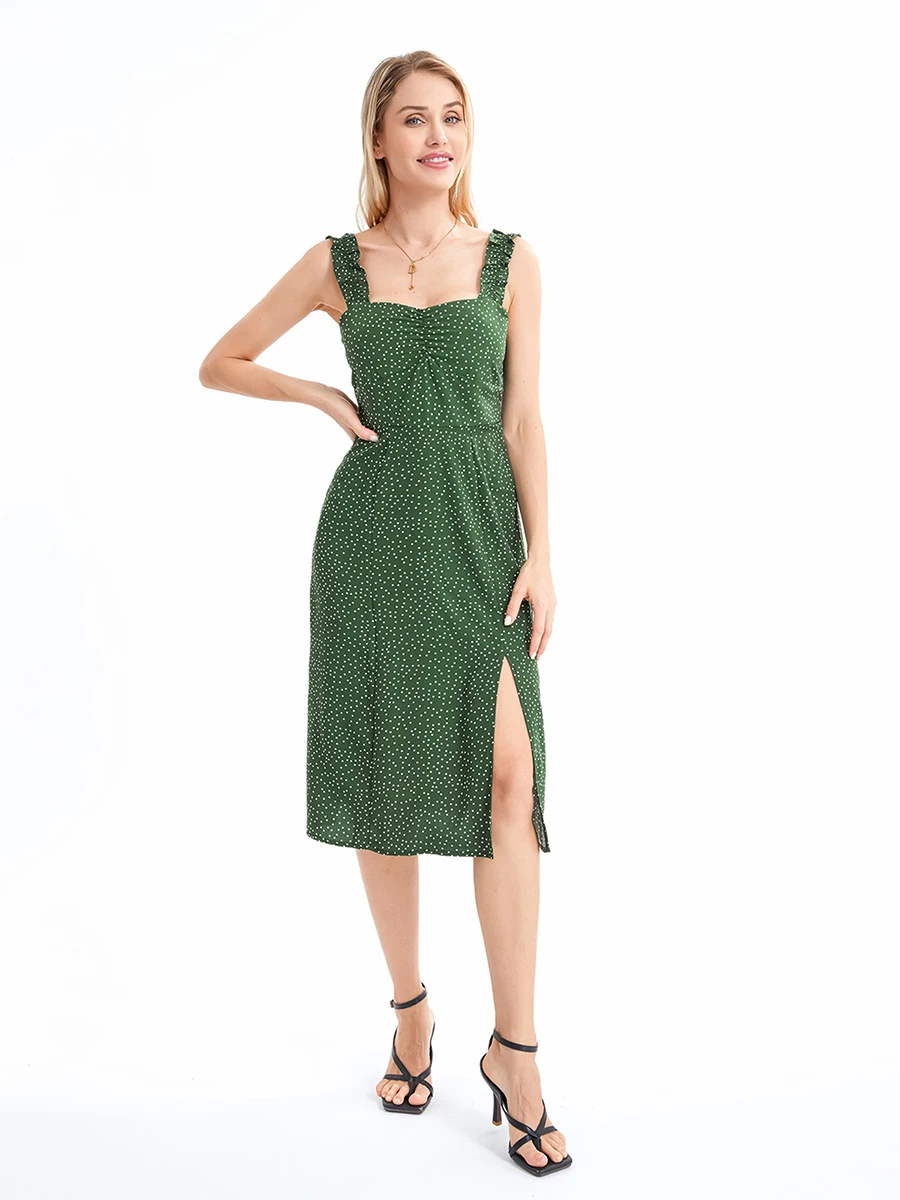 

Vintage Polka Dot Print Boho Midi Dress with Low Cut Sleeveless Split and Spaghetti Straps for Women - Summer Casual Cami