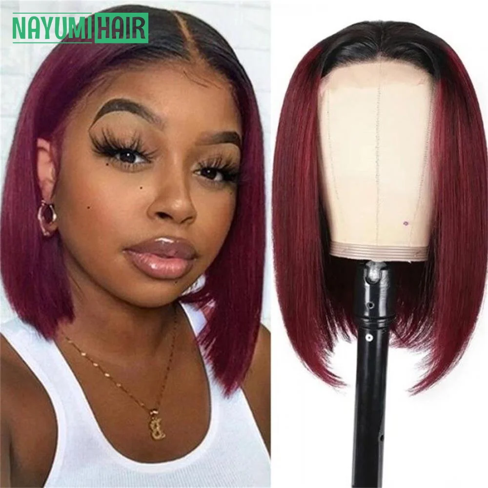 

Straight Short Bob Human Hair Wigs 13x4 Lace Frontal Wigs Burgundy HD 1B 99J Brazilian Remy Hair Ombre Wine Red Wigs Pre Plucked