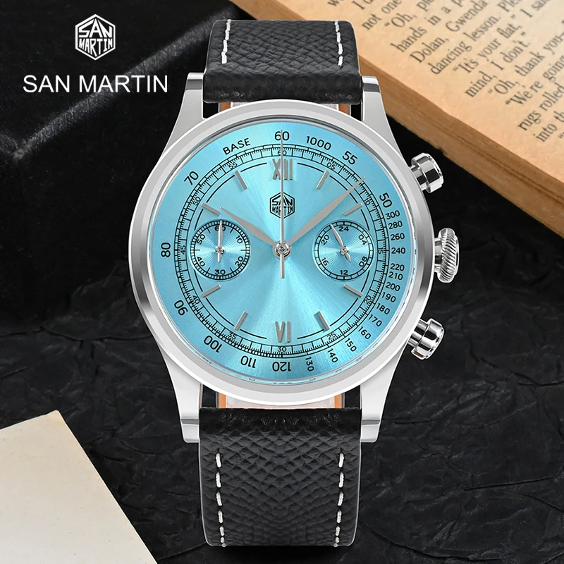 

San Martin Mens Watch 38mm Classic VK64 Quartz Chronograph Watch Top Luxury Roman Numeral Dial Sapphire Crystal 5Bar waterproof