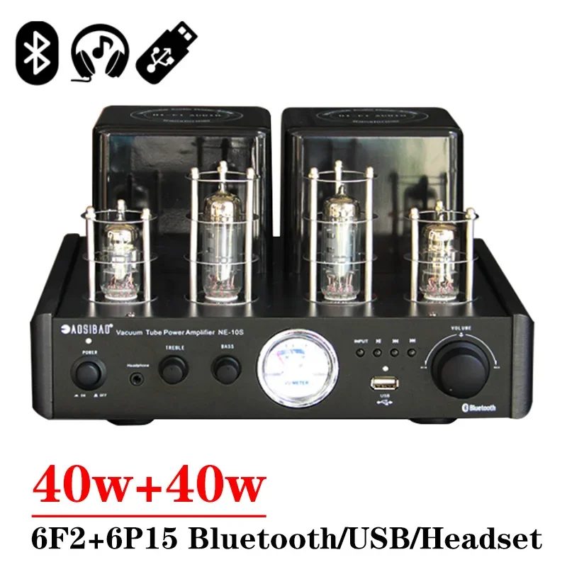 

40 Вт * 2 6p15 вакуумный трубчатый усилитель для наушников усилитель высокой мощности Bluetooth 5,0 счетчик Vu с регулировкой высоких басов стерео аудио усилитель