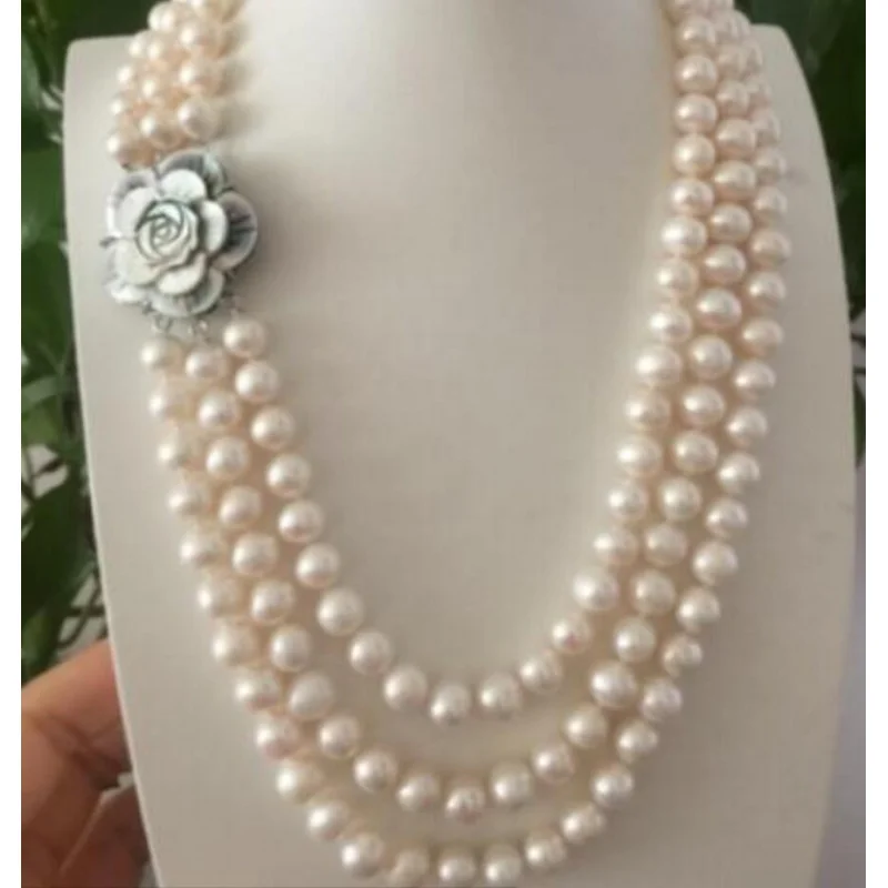 

Collier de perles blanches 3 rangées, bijoux à la mode, livraison gratuite, beau rond de la mer du sud 9-10mm, 17 "18"