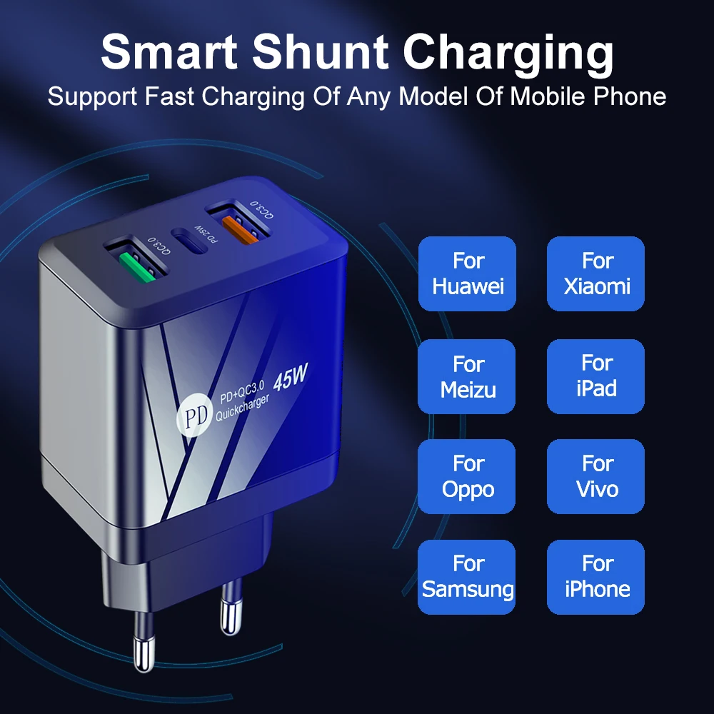 45W Mobile Cell Phone Charger PD USB Fast Charger Adapter Quick Charging QC3.0 Wall USB Type-C Charger for iPhone Xiaomi Samsung
45W Mobile Cell Phone Charger PD USB Fast Charger Adapter Quick Charging QC3.0 Wall USB Type-C Charger for iPhone Xiaomi Samsung