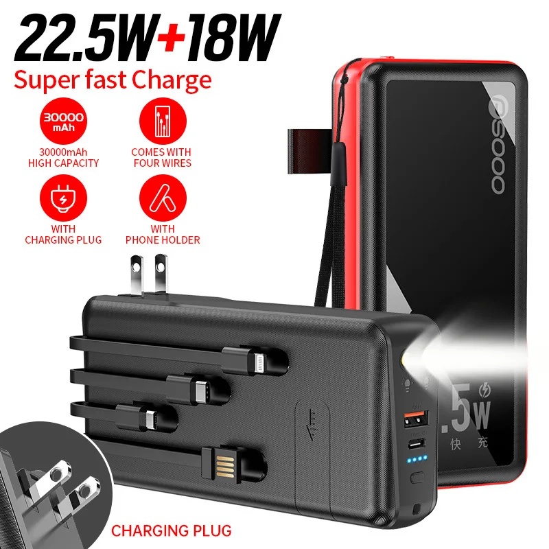 Power Bank 30000 MAh Fast Charge 22.5W Wireless Charge 10W Come with 4-wire Plug LED External Battery Portable for Xiaomi IPhone
Power Bank 30000 MAh Fast Charge 22.5W Wireless Charge 10W Come with 4-wire Plug LED External Battery Portable for Xiaomi IPhone
