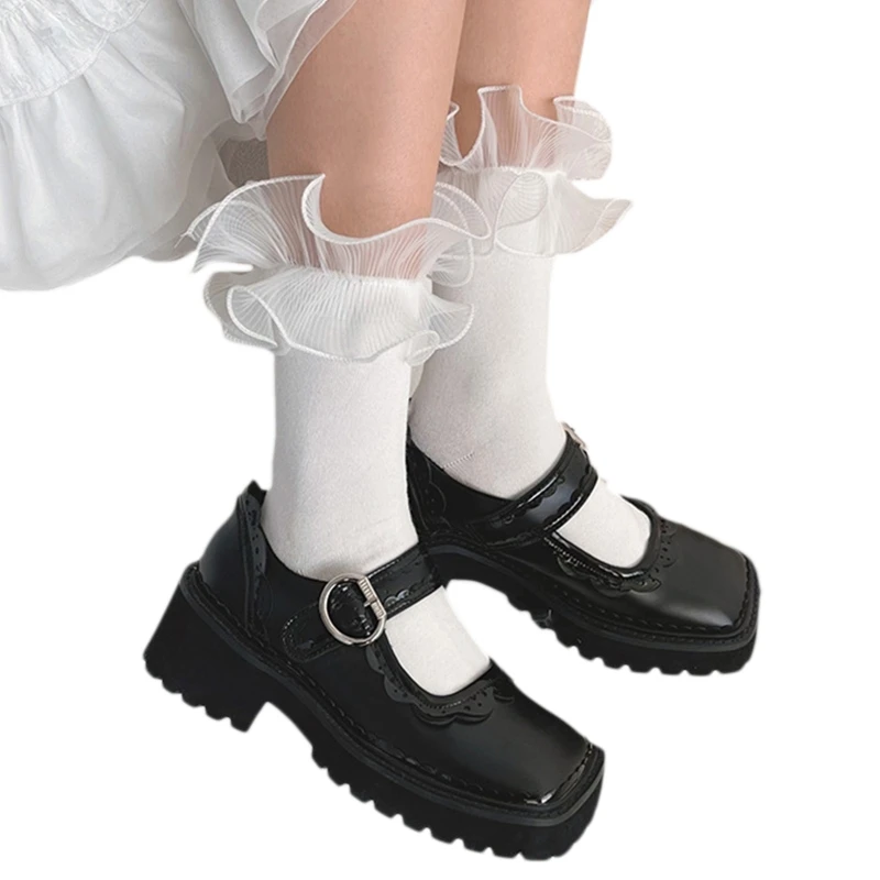 

French Women Girls Elegant Cotton Crew Socks Preppy Style Sweet Crumpled Lotus Frilly Ruffled Lace Solid Color Mid 37JB