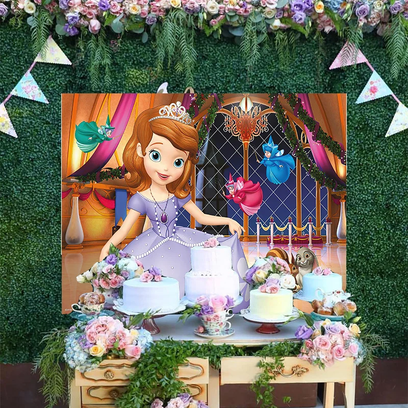 

Disney White Dots Purple Glitter Photo Backdrop Cartoon Cute Little Princess Sofia Birthday Party Decoration Backgrounds Banner