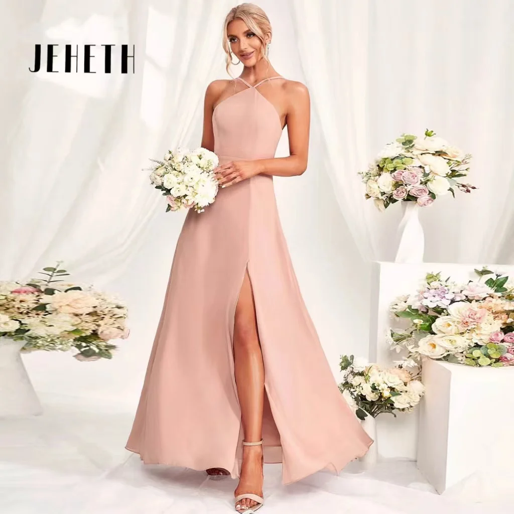 JEHETH Pink Cross Straps Bridesmaid Dresses Elegant Side Split Chiffon Evening Dresses Halter Neck Backless Vestidos De Noche
JEHETH Pink Cross Straps Bridesmaid Dresses Elegant Side Split Chiffon Evening Dresses Halter Neck Backless Vestidos De Noche