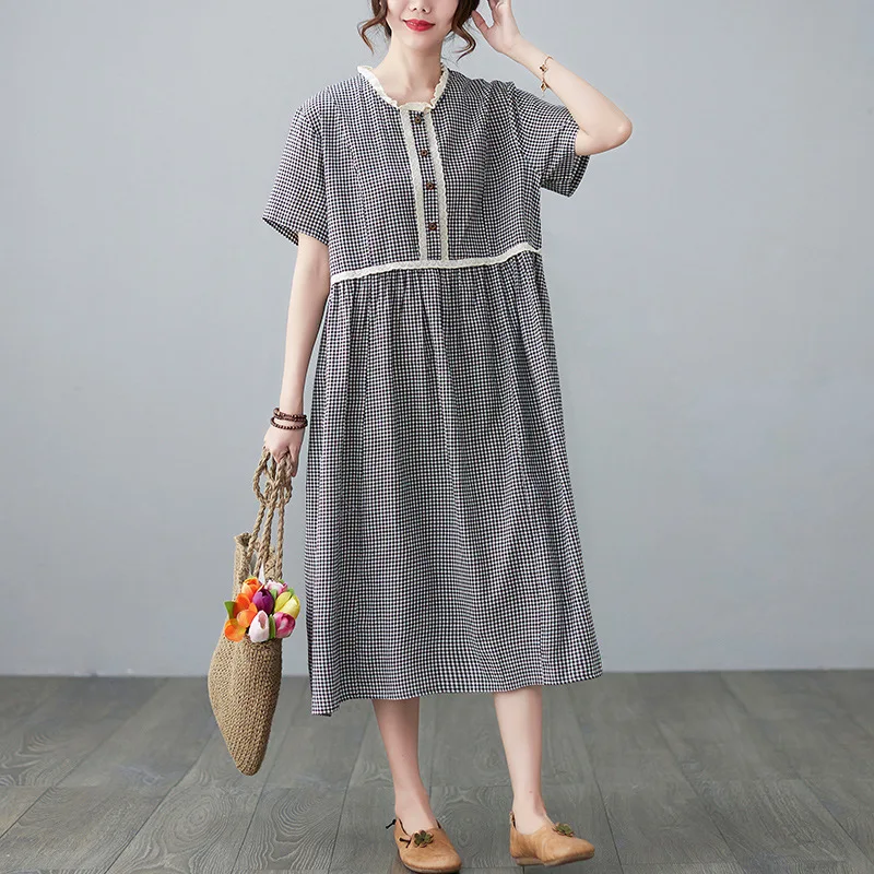 Johnature Ruffles Collar Casual Dresses 2022 Summer New Simple Patchwork Lace Loose Short Sleeve Plaid Women Dress
Johnature Ruffles Collar Casual Dresses 2022 Summer New Simple Patchwork Lace Loose Short Sleeve Plaid Women Dress