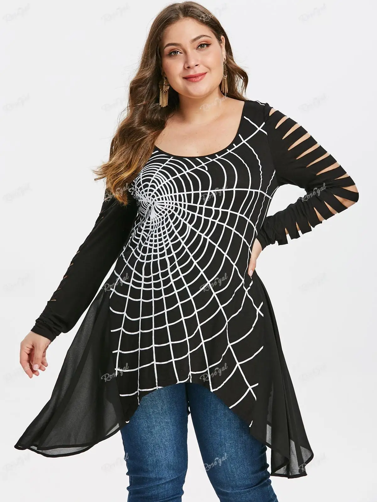 

ROSEGAL Plus Size Asymmetrical T-shirt Spider Web Printed Hollow Out Ripped Sleeves Tops Women Black Casual Tees