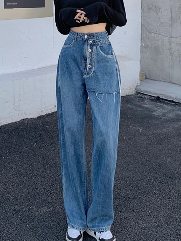 Women High Waist Jeans Fashion Simple Self Cultivation Straight Wide Leg Denim Trousers Blue Vintage Casual Jean Pants 2022
Women High Waist Jeans Fashion Simple Self Cultivation Straight Wide Leg Denim Trousers Blue Vintage Casual Jean Pants 2022