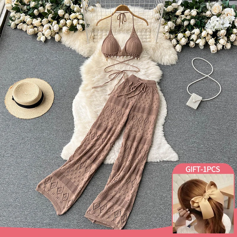 Женские пляжные брюки и топ в европейском стиле, Модный ажурный трикотажный дышащий топ с открытой спиной и широкие брюки, на лето
Женские пляжные брюки и топ в европейском стиле, Модный ажурный трикотажный дышащий топ с открытой спиной и широкие брюки, на лето