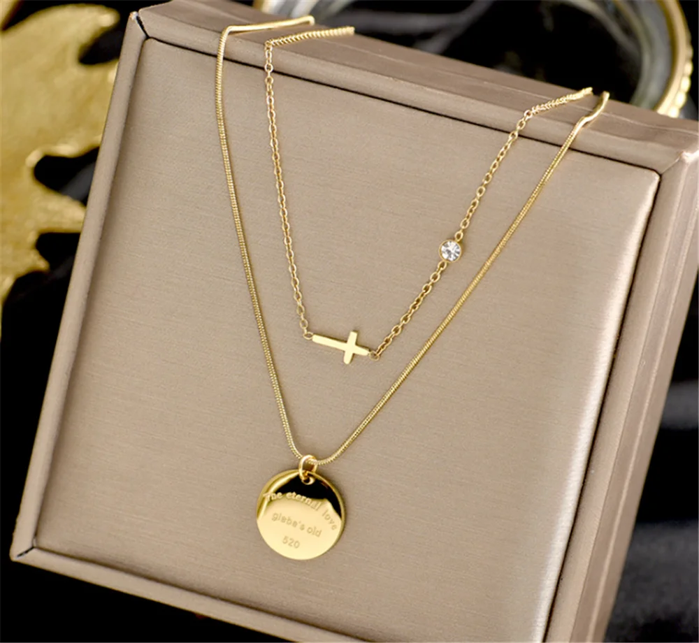 316L Stainless Steel Round Brand Double Layered Gold Necklace Female Colorless Inlaid Crystal Cross Pendant Fashion Jewelry
316L Stainless Steel Round Brand Double Layered Gold Necklace Female Colorless Inlaid Crystal Cross Pendant Fashion Jewelry