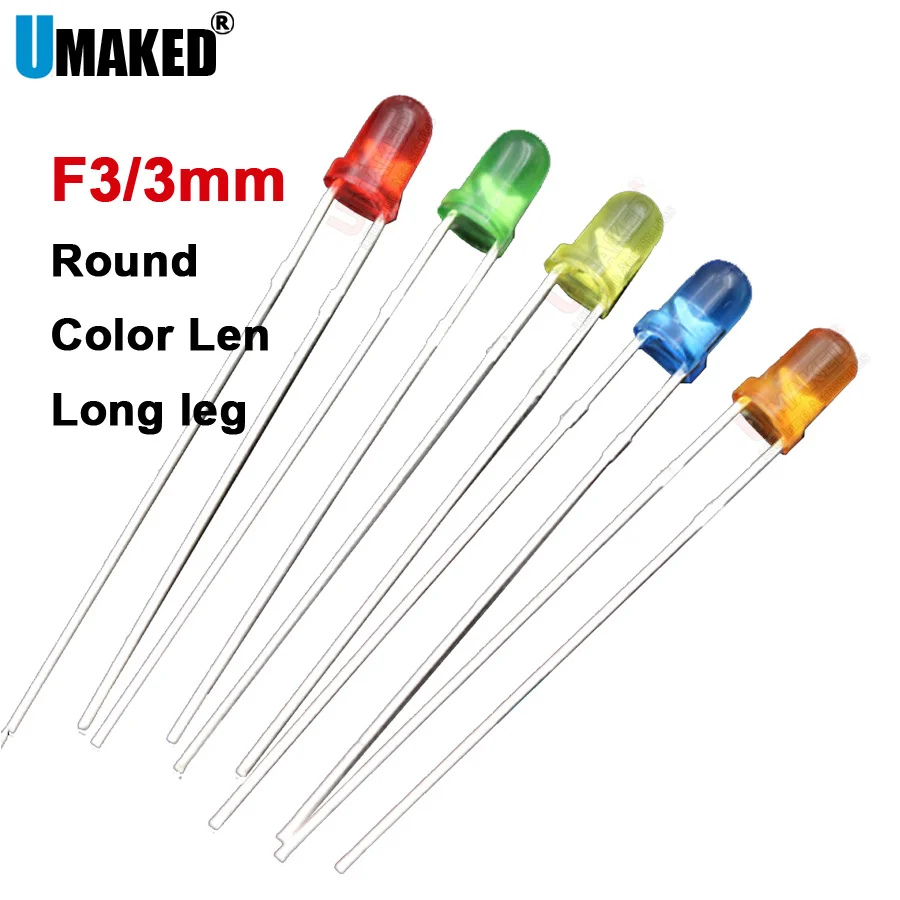 

1000pcs 3mm Color long leg LED round lamps diodes chip light beads F3 led Emitting diodes WW/W/R/G/B/Y Lighting DIY lamp