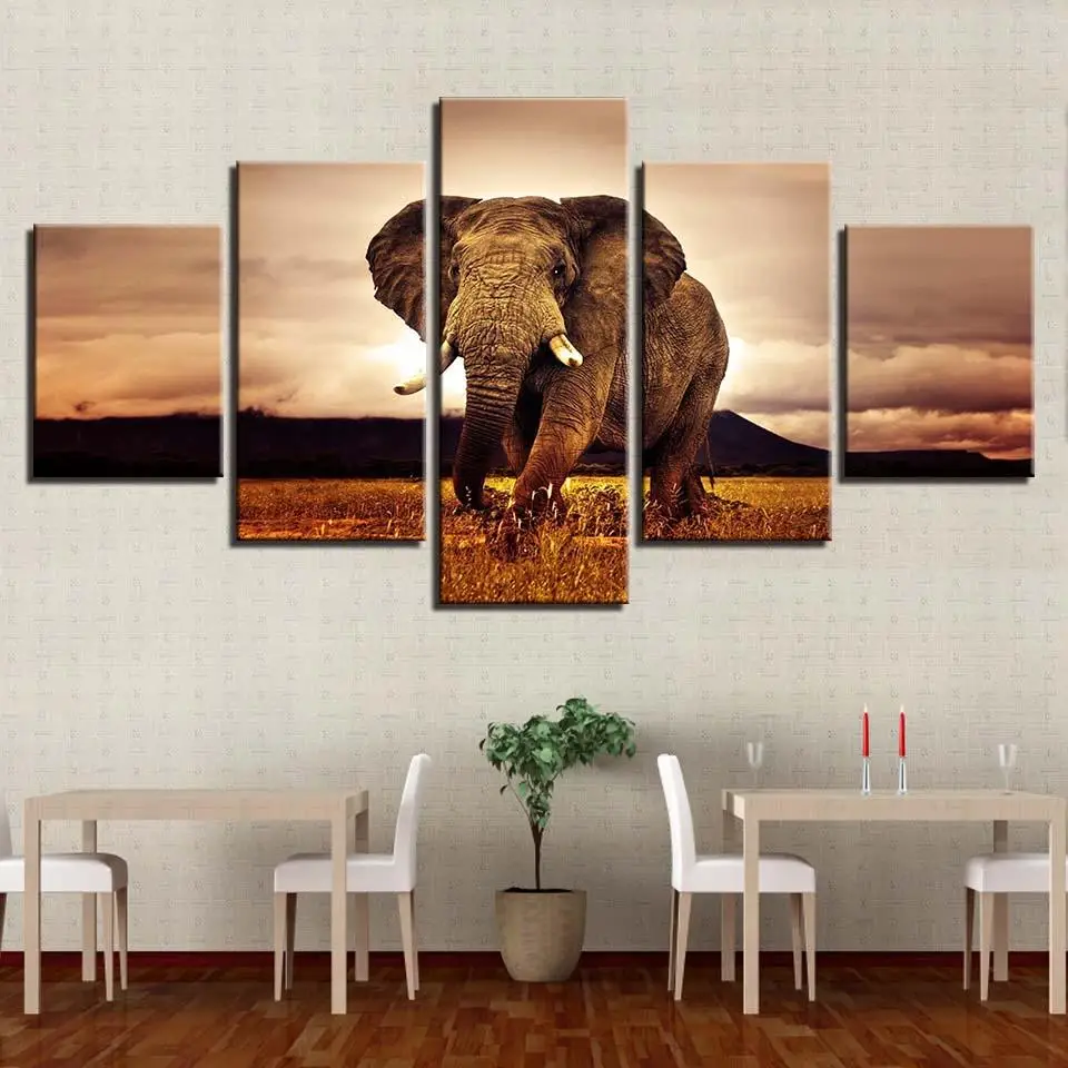 

5 Piece Walking Elephant Sunset Africa Grassland Scenery Canavs Painting Poster and Prints Living Room Wall Art Cuadros No Frame