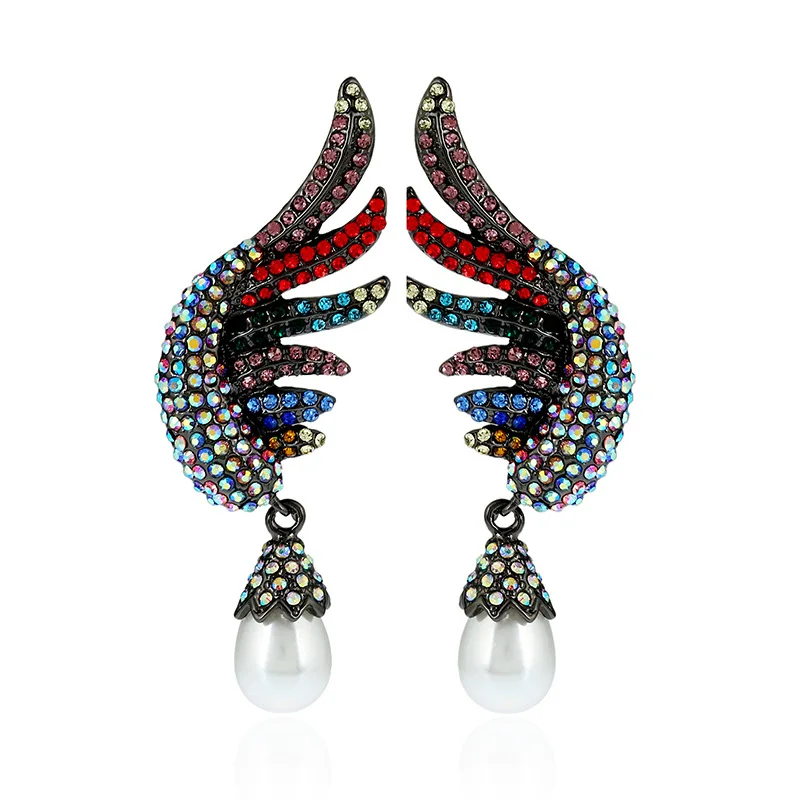

New Colorful Big Exaggerated Wing Shaped Pearls Pendant Drop Earrings for Women Big Crystal Statement Earrings Jewelry