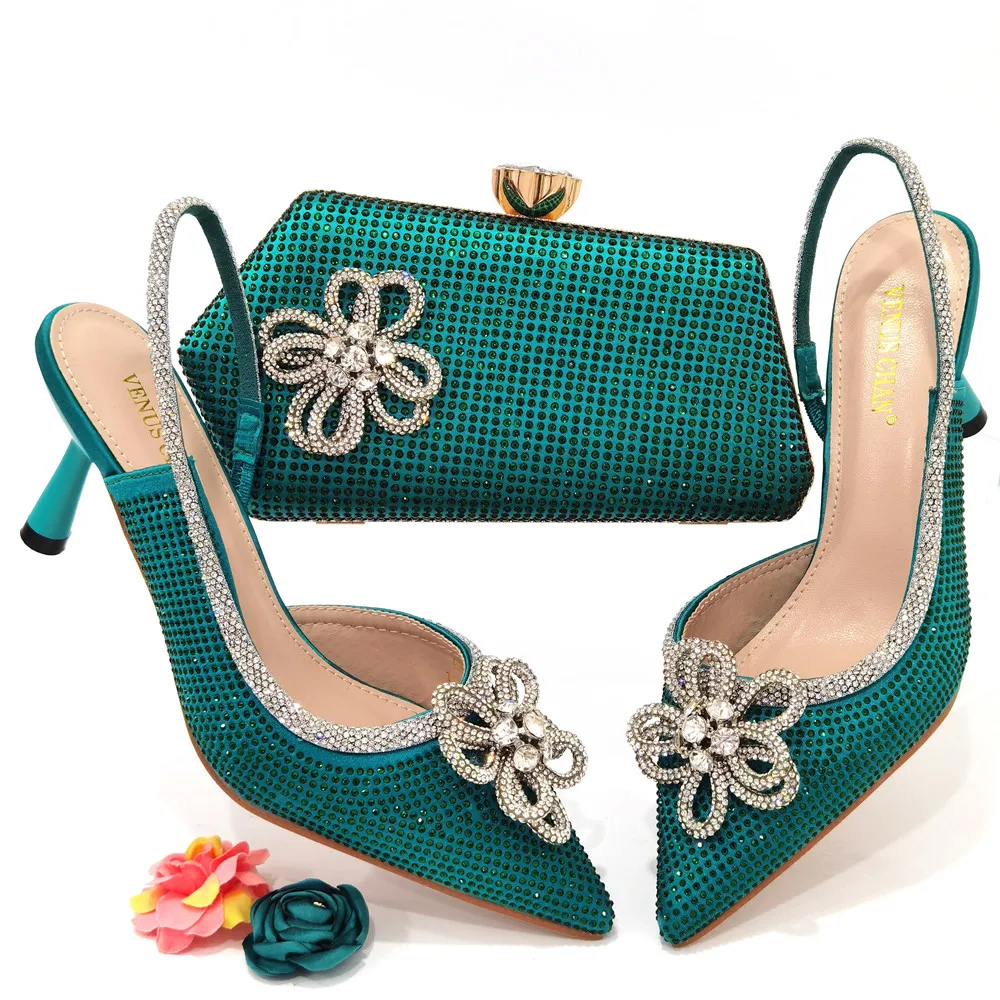 

Doershow High Quality African Style Ladies Shoes And Bags Set Latest green Italian Shoes And Bag Set For Party HRE1-4