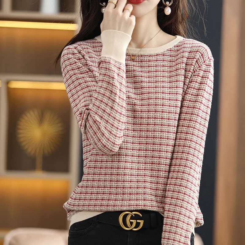 Women's Autumn Winter 100% Cotton Soft Sweater O-Neck Pullover Color Contrast Striped Casual Knitted Bottoming Warm Sweater
Women's Autumn Winter 100% Cotton Soft Sweater O-Neck Pullover Color Contrast Striped Casual Knitted Bottoming Warm Sweater