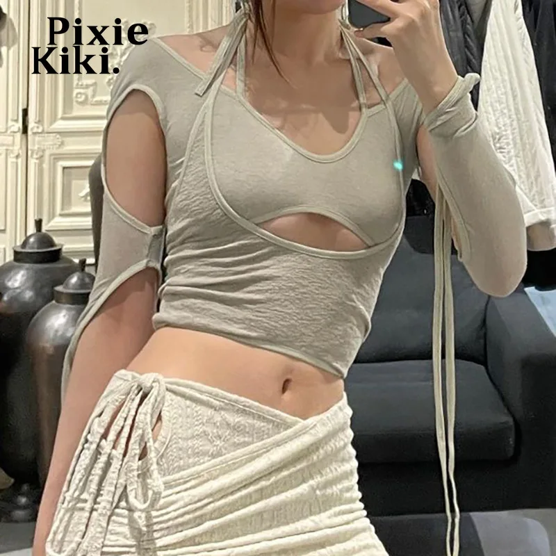 Женская футболка из двух предметов PixieKiki Y2k, уличная одежда, серый топ на шнуровке с длинным рукавом и лямкой на шее
Женская футболка из двух предметов PixieKiki Y2k, уличная одежда, серый топ на шнуровке с длинным рукавом и лямкой на шее