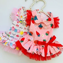 Strawberry Print Dress Pet Cupcake Dress Dog Skirt Princess Dress Bow Tie Lace Edge Doll Collar Girls Cat Clothes Pet Supplies