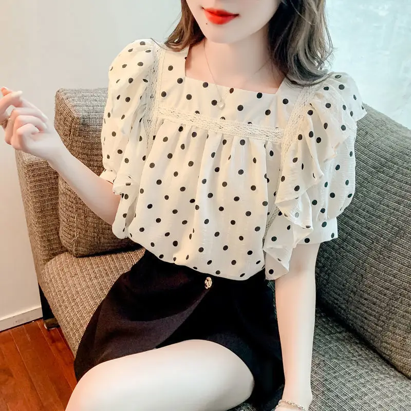 

Sweet Chiffon Lace Ruffles Polka Dot Blouses Summer Square Collar Printed Commute Tops Puff Sleeve Women's Clothing Korean Shirt