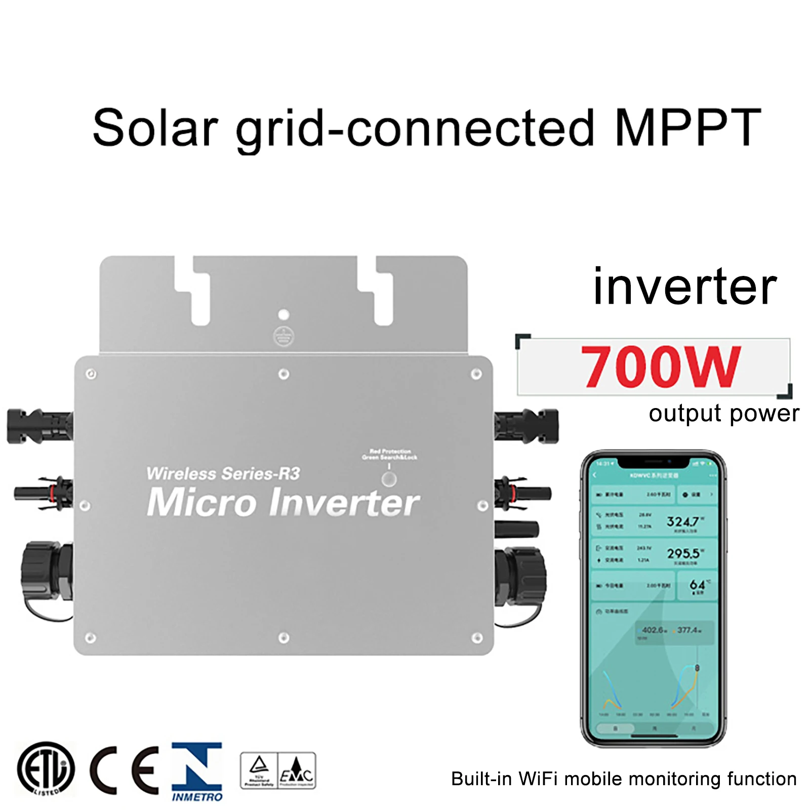 WVC-700W Solar Grid-connected Micro-inverter With Built-in MPPT 22-60V APP Monitoring Solar Grid Inverter With Fix Screw Sleeve
WVC-700W Solar Grid-connected Micro-inverter With Built-in MPPT 22-60V APP Monitoring Solar Grid Inverter With Fix Screw Sleeve