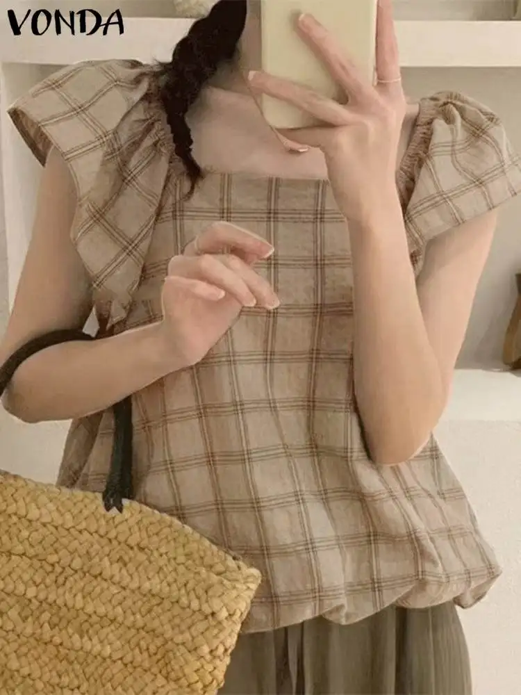 Elegant Summer Ruffled Shirts 2023 VONDA Women Plaid Blouse Printed Vintage Short Puff Sleeve Square Collar Tunic Tops Blusas
Elegant Summer Ruffled Shirts 2023 VONDA Women Plaid Blouse Printed Vintage Short Puff Sleeve Square Collar Tunic Tops Blusas
