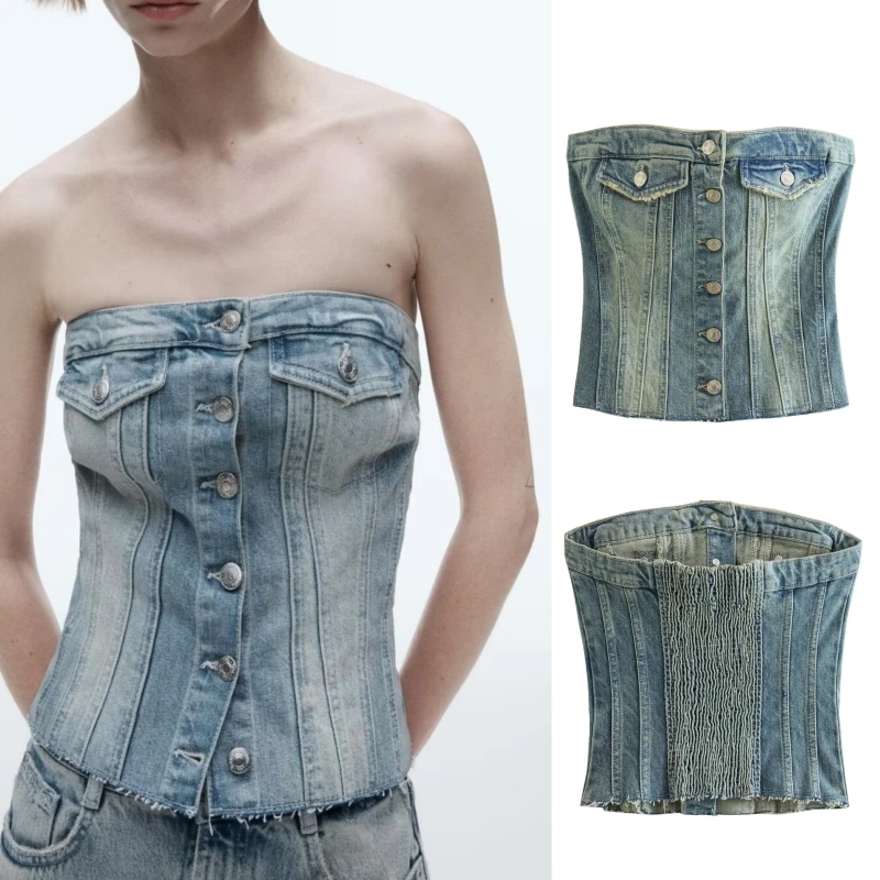 Women's spring and summer new hot girl sleeveless single-breasted tube top sexy off-the-shoulder raw-edged denim short top vest
Women's spring and summer new hot girl sleeveless single-breasted tube top sexy off-the-shoulder raw-edged denim short top vest