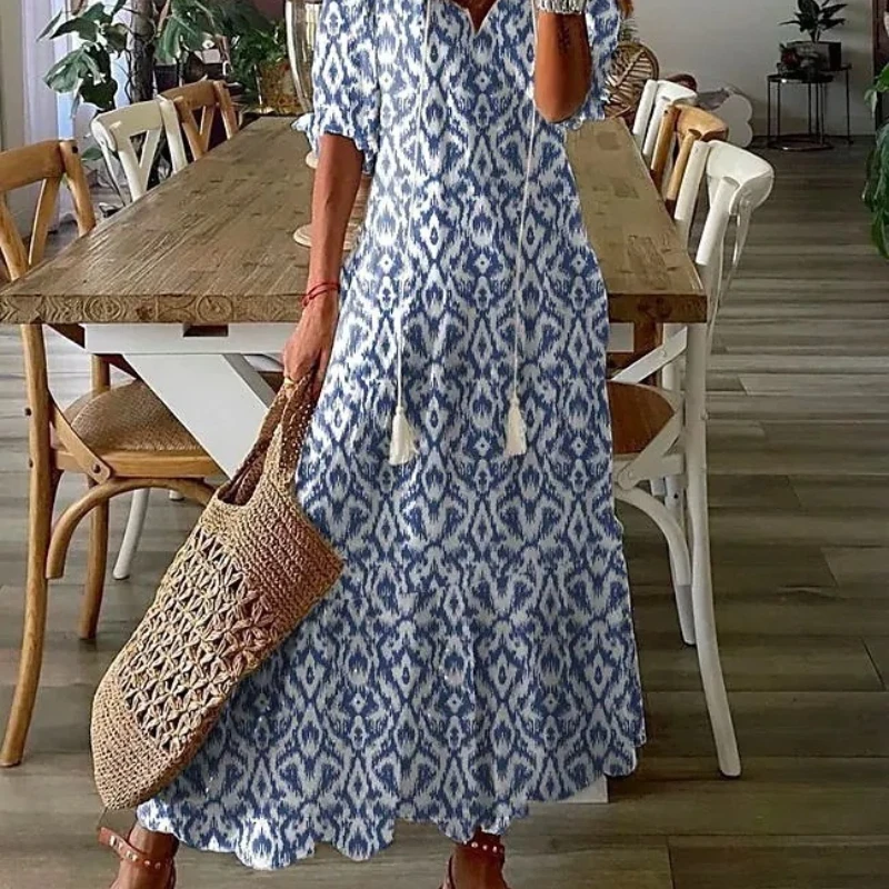 Casual Loose V-Neck Print Hanging Beard Mid-Sleeve Long Dress Female Vintage Print Bohemian Dress Summer Fashion Beach Dress
Casual Loose V-Neck Print Hanging Beard Mid-Sleeve Long Dress Female Vintage Print Bohemian Dress Summer Fashion Beach Dress
