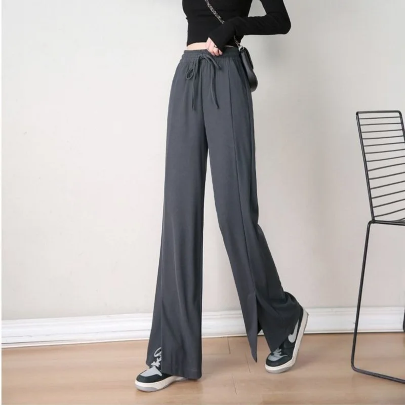 Black Side Slit Drawstring Ice Silk Wide-Leg Pants Women's Spring and Summer Stretch High Waist Slender Drape Straight-Leg Pants
Black Side Slit Drawstring Ice Silk Wide-Leg Pants Women's Spring and Summer Stretch High Waist Slender Drape Straight-Leg Pants